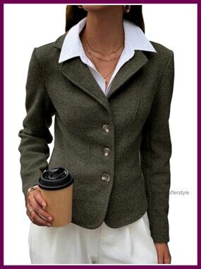 Tweed Cropped Blazer Tailored Work Jacket Notch Lapel